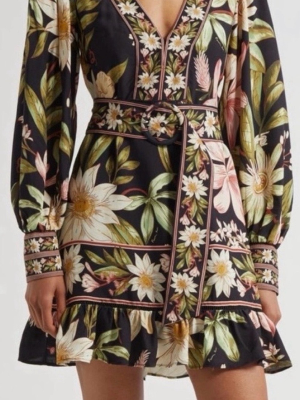 Farm Rio V-Neck Belted Mini Dress in Black and Green